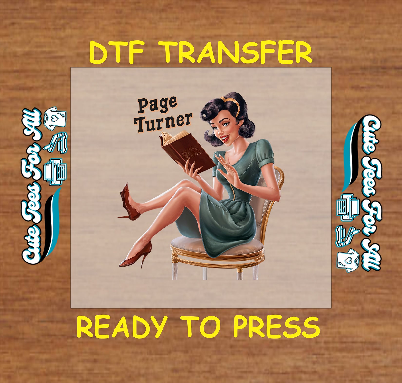 Page Turner DTF transfer with vintage woman reading a book on a chair.