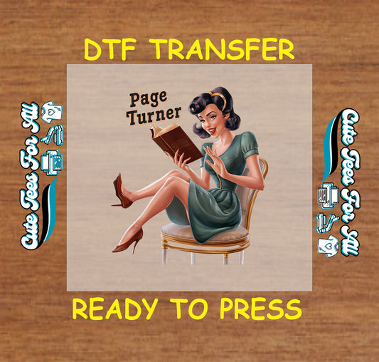 Page Turner DTF transfer with vintage woman reading a book on a chair.