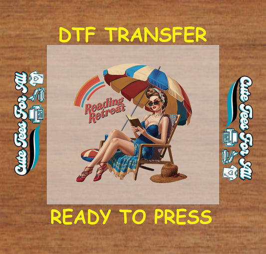 Reading Retreat DTF transfer with retro woman reading under beach umbrella.