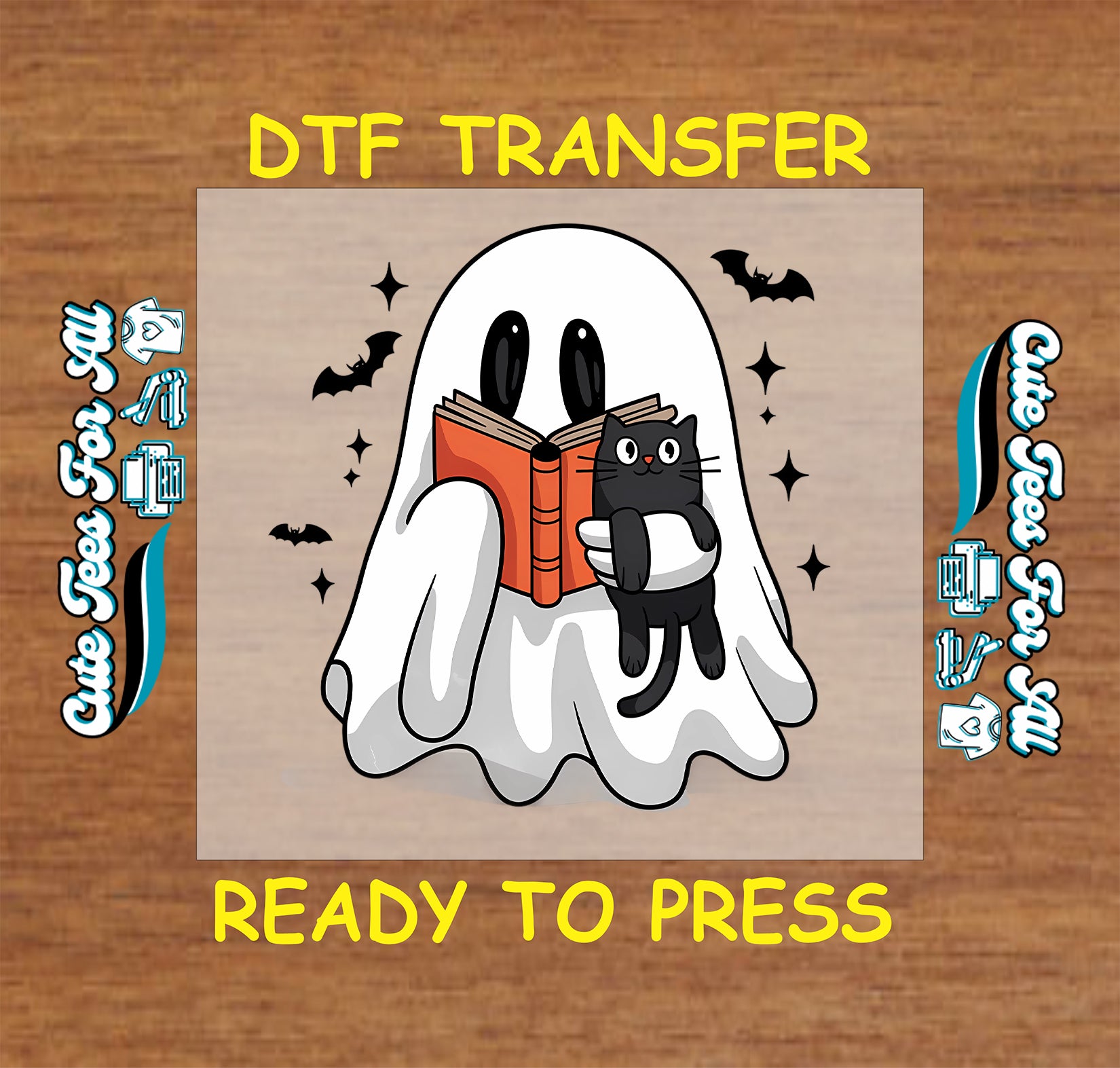 Ghost reading a book with black cat DTF transfer with bats and stars.