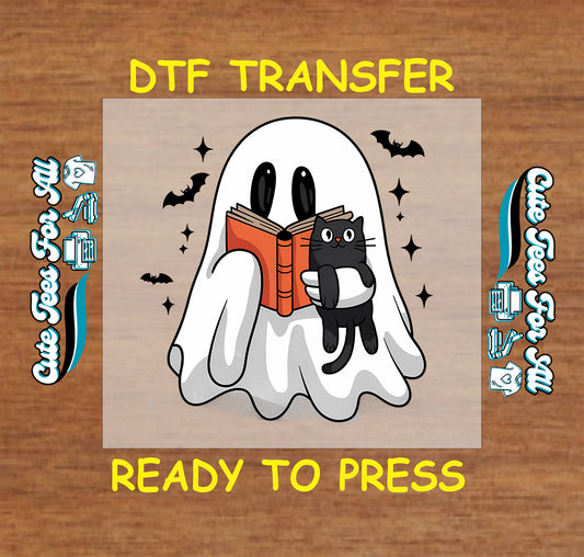 Ghost reading a book with black cat DTF transfer with bats and stars.