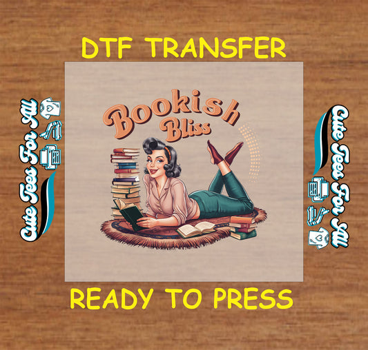 Bookish Bliss DTF transfer with retro woman reading among book stacks