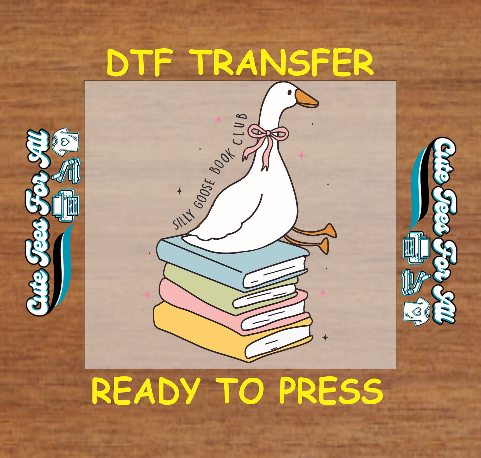 Silly Goose Book Club DTF transfer with pastel books and cute goose.