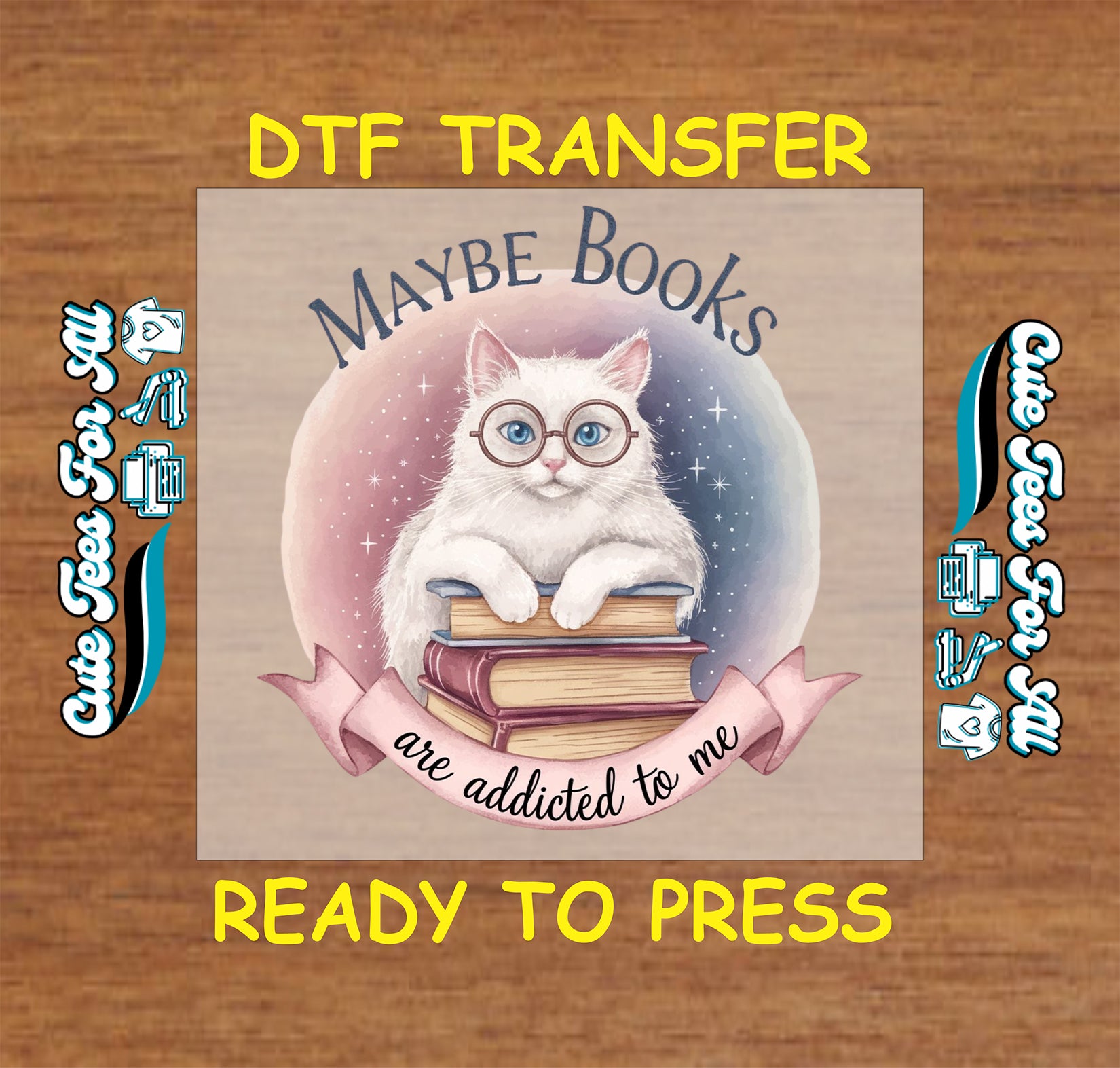 White cat with glasses sitting on books and quote “Maybe Books Are Addicted to Me.”