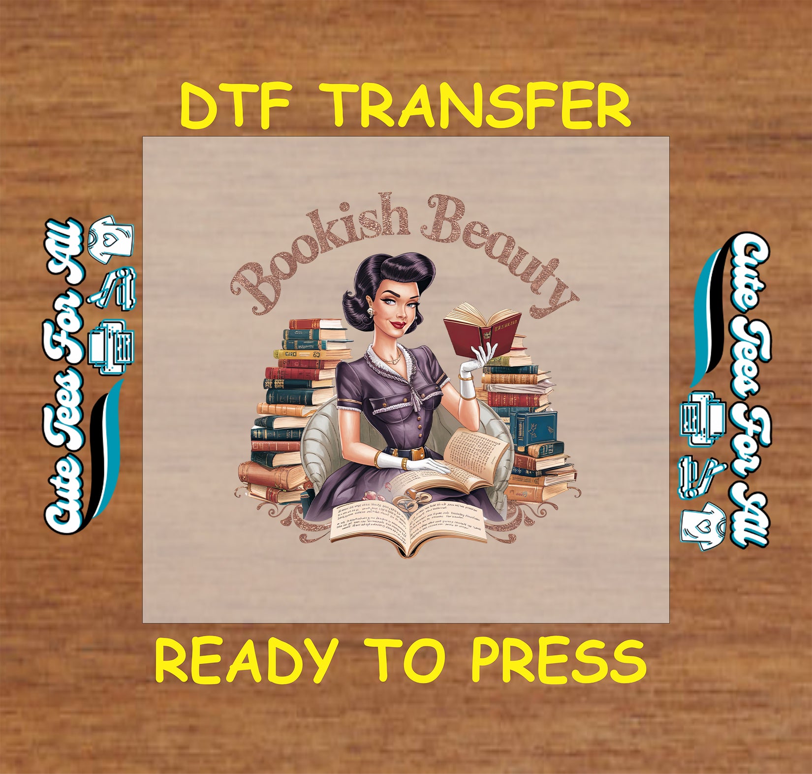 Retro pinup woman reading with stacks of books and the phrase “Bookish Beauty”.