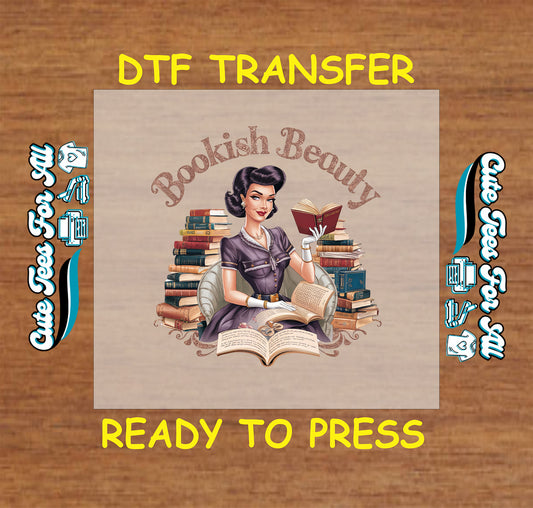Retro pinup woman reading with stacks of books and the phrase “Bookish Beauty”.