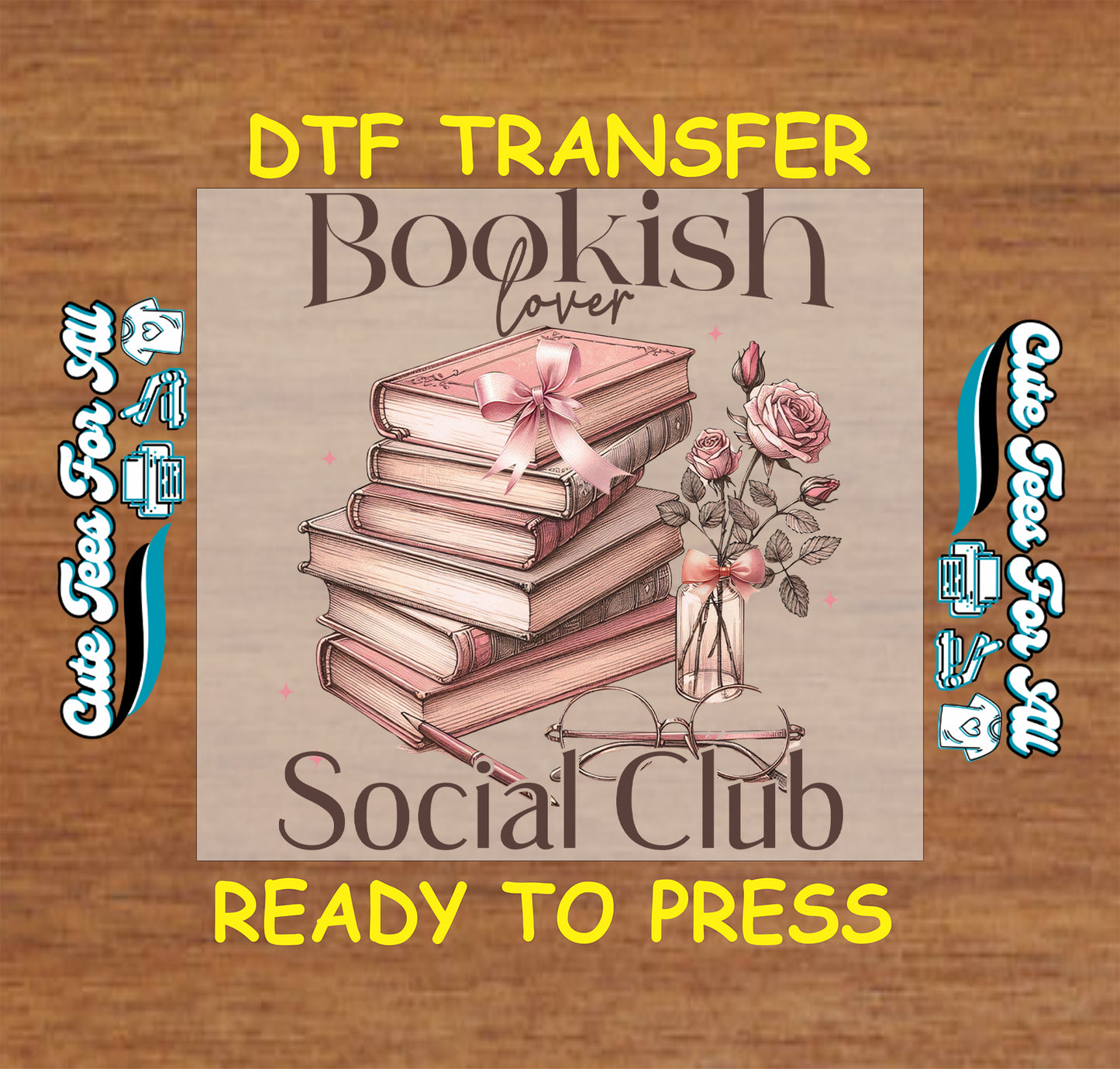 Pink book stack with ribbon, roses, glasses, and “Bookish Lover Social Club” text.