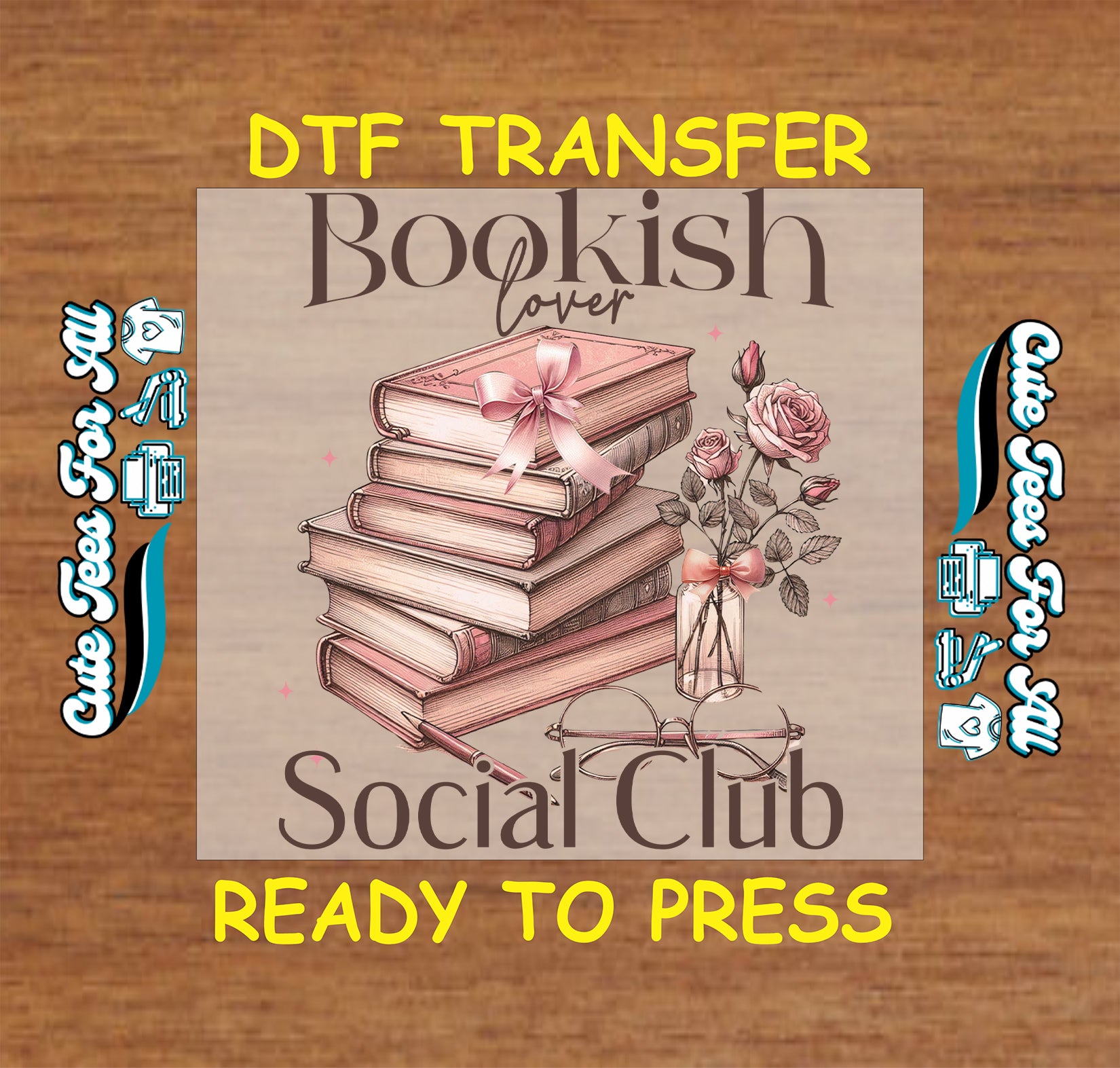 Pink book stack with ribbon, roses, glasses, and “Bookish Lover Social Club” text.