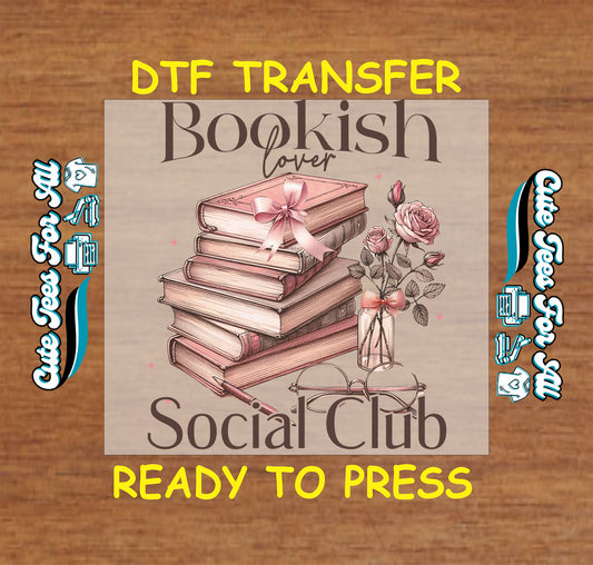 Pink book stack with ribbon, roses, glasses, and “Bookish Lover Social Club” text.