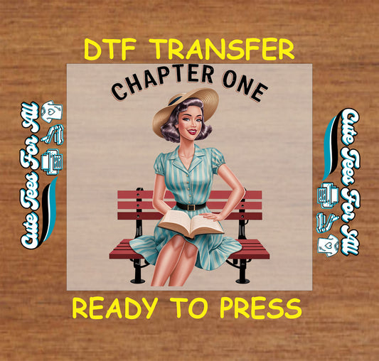 Retro woman sitting on a bench reading a book with the text “Chapter One.”