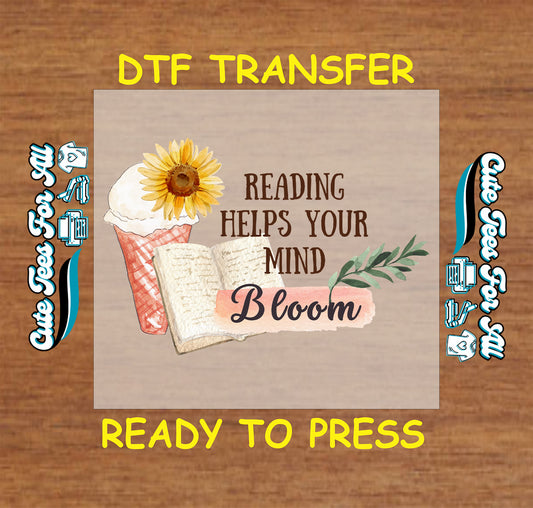 Open book with sunflower, ice cream, and quote “Reading Helps Your Mind Bloom” in warm tones.