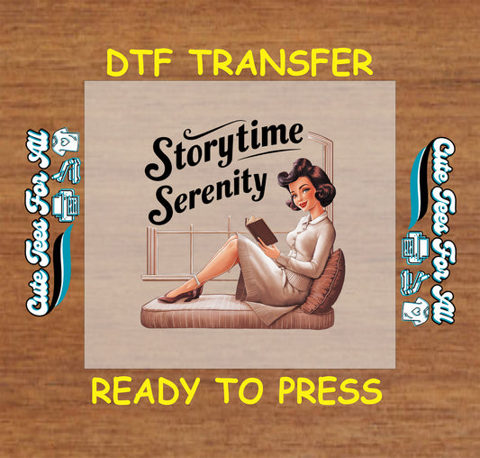 Vintage woman reading by the window with text “Storytime Serenity” in black.