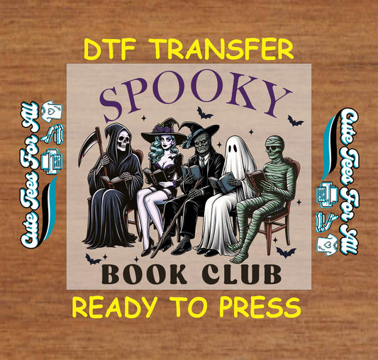 Grim reaper, witch, ghost, and monsters reading with text “Spooky Book Club”
