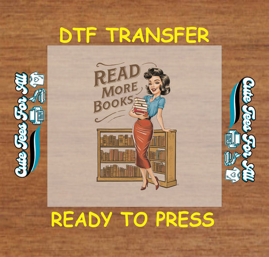 Retro woman holding books in front of bookshelf with “Read More Books” text.