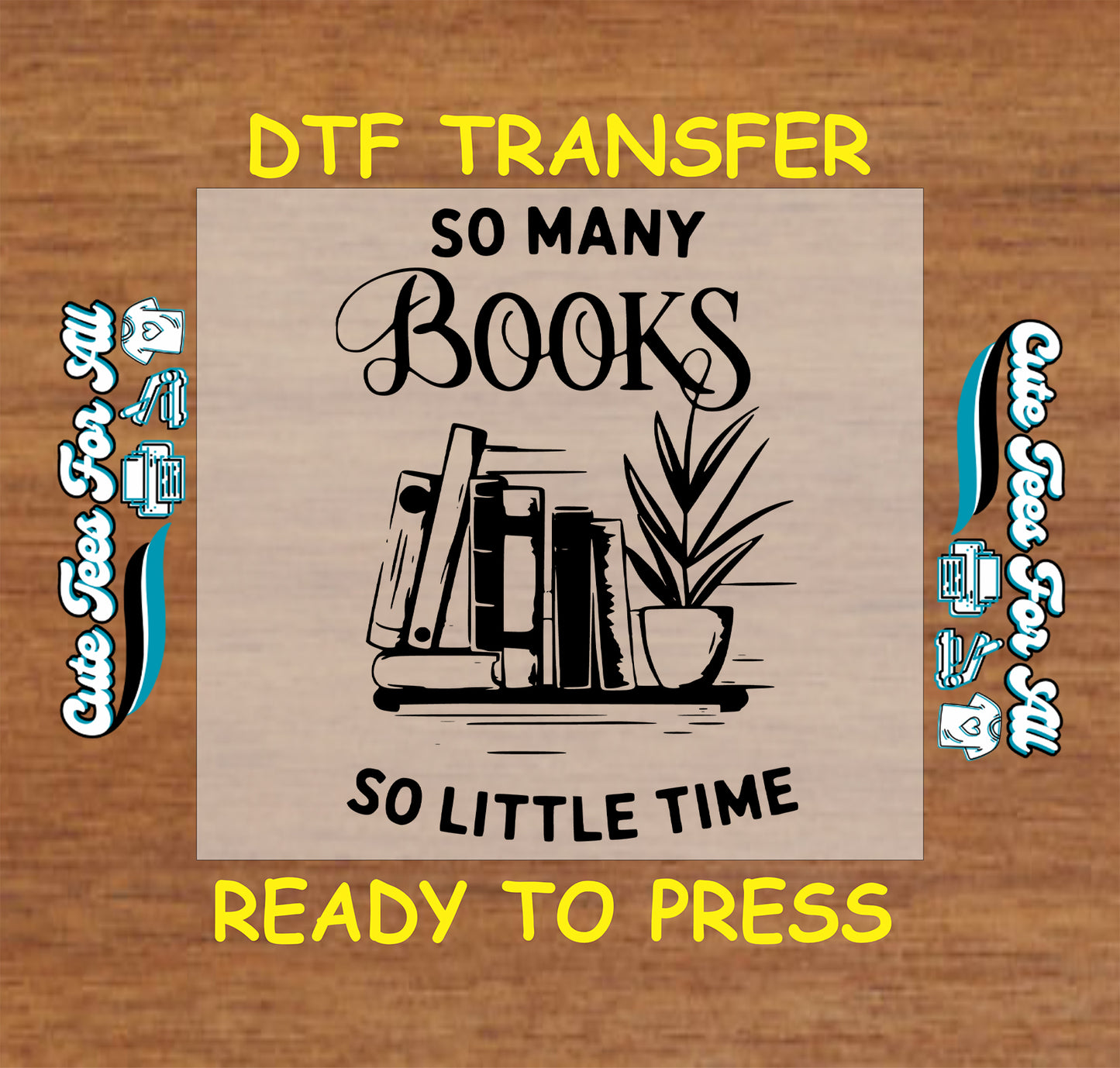 Stack of books with potted plant and quote “So Many Books So Little Time” in black.