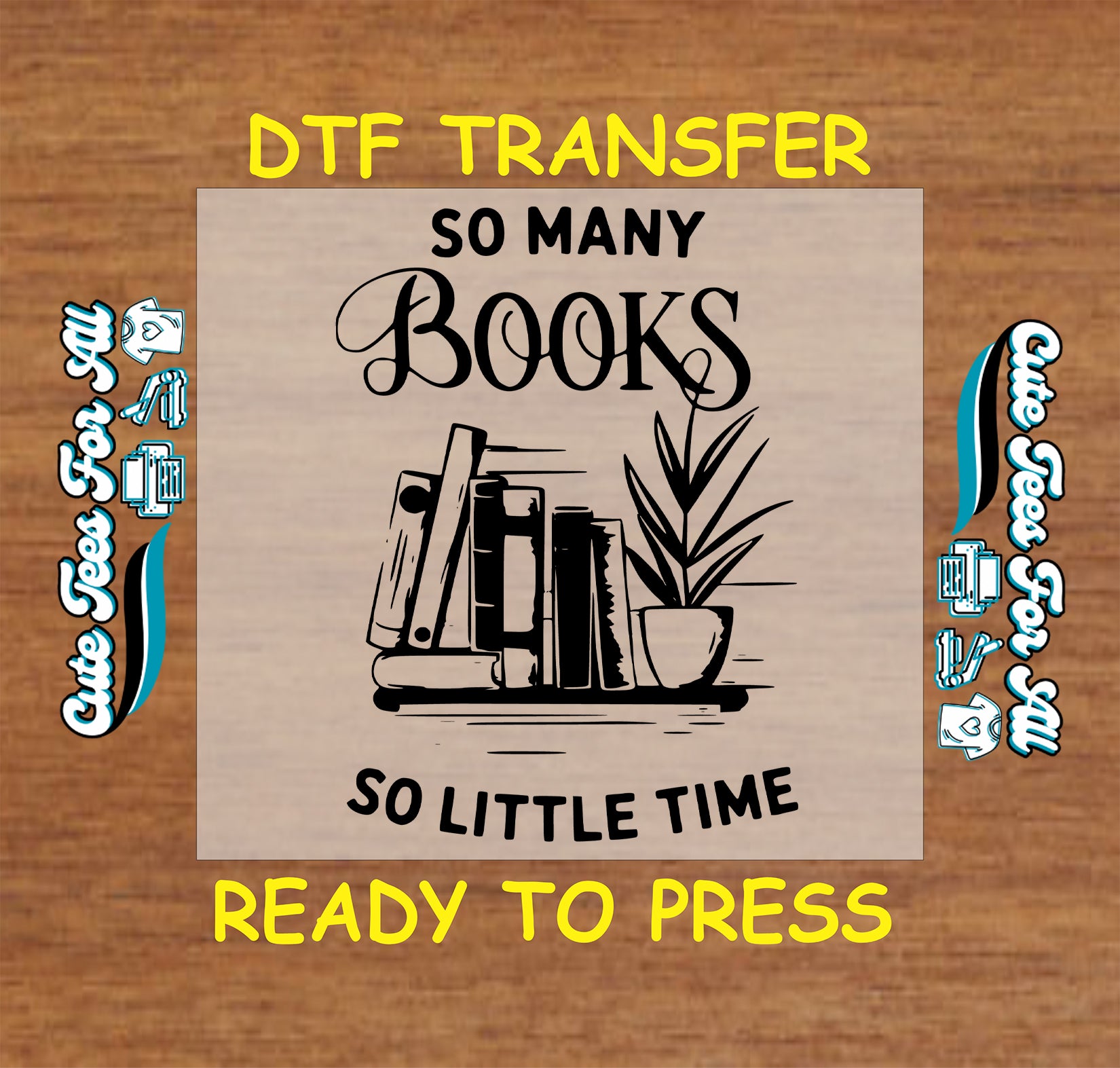 Stack of books with potted plant and quote “So Many Books So Little Time” in black.