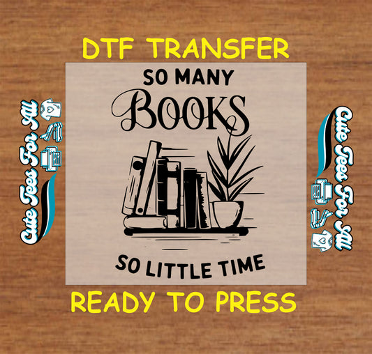 Stack of books with potted plant and quote “So Many Books So Little Time” in black.