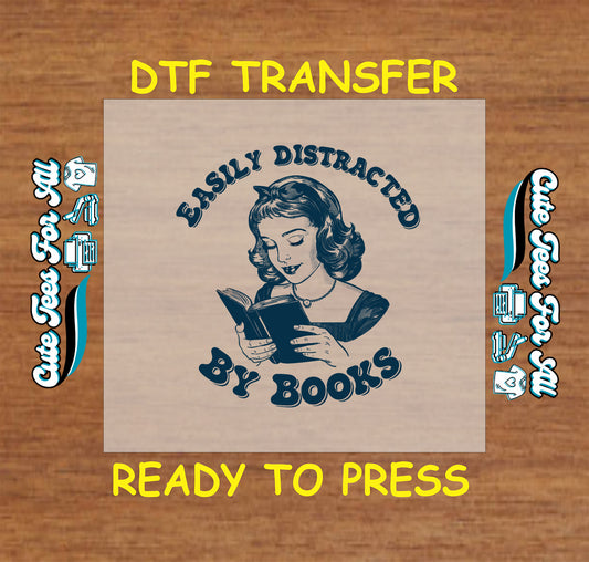 Retro woman reading with the phrase “Easily Distracted by Books” in navy blue.