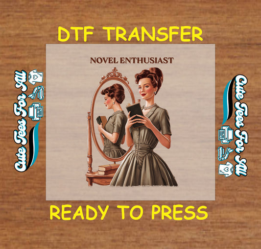 Vintage woman holding a book, looking in mirror with text “Novel Enthusiast”