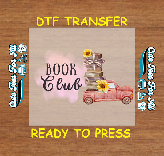 Red vintage truck with books and sunflowers beside “Book Club” text on pink watercolor.