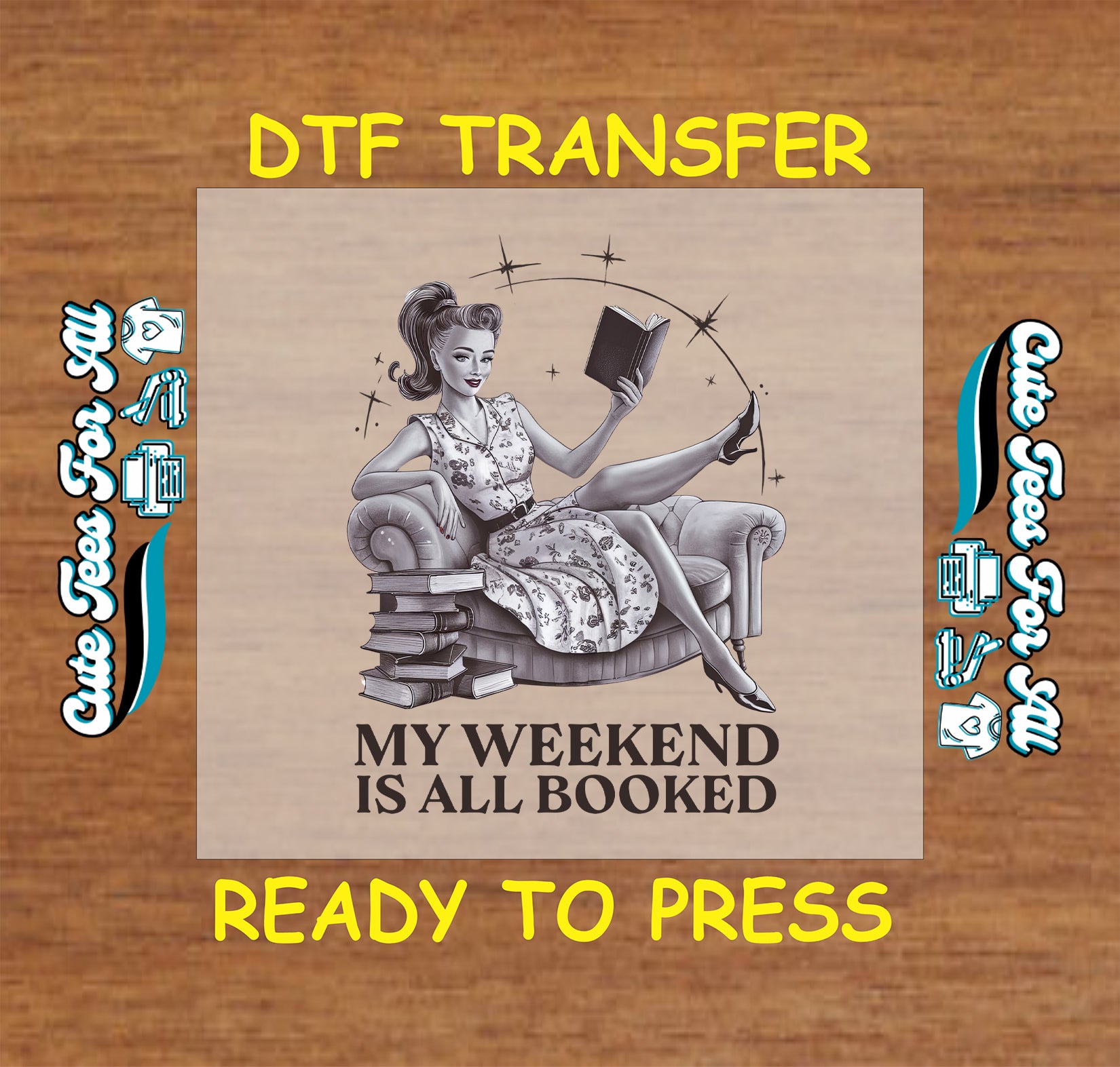 Retro woman sitting on couch reading with stack of books and text “My Weekend Is All Booked.”
