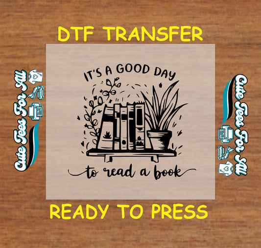 Books and potted plants on a shelf with the quote “It’s a Good Day to Read a Book” in black line art.