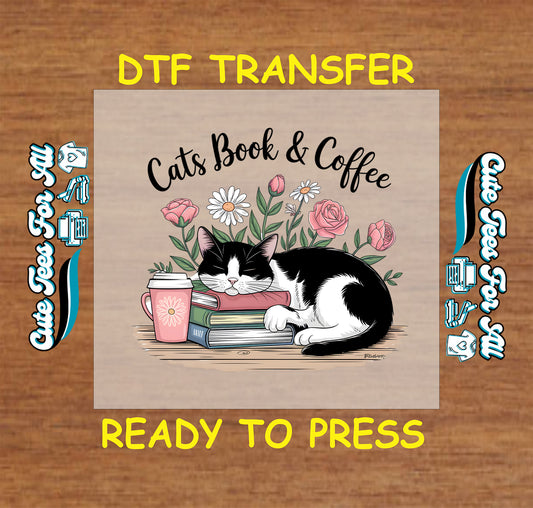 Sleeping black-and-white cat on books with flowers and pink coffee mug, text “Cats Book & Coffee.”
