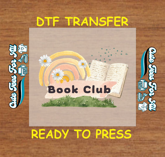 Pastel rainbow with daisies and open book over grass with “Book Club” text.