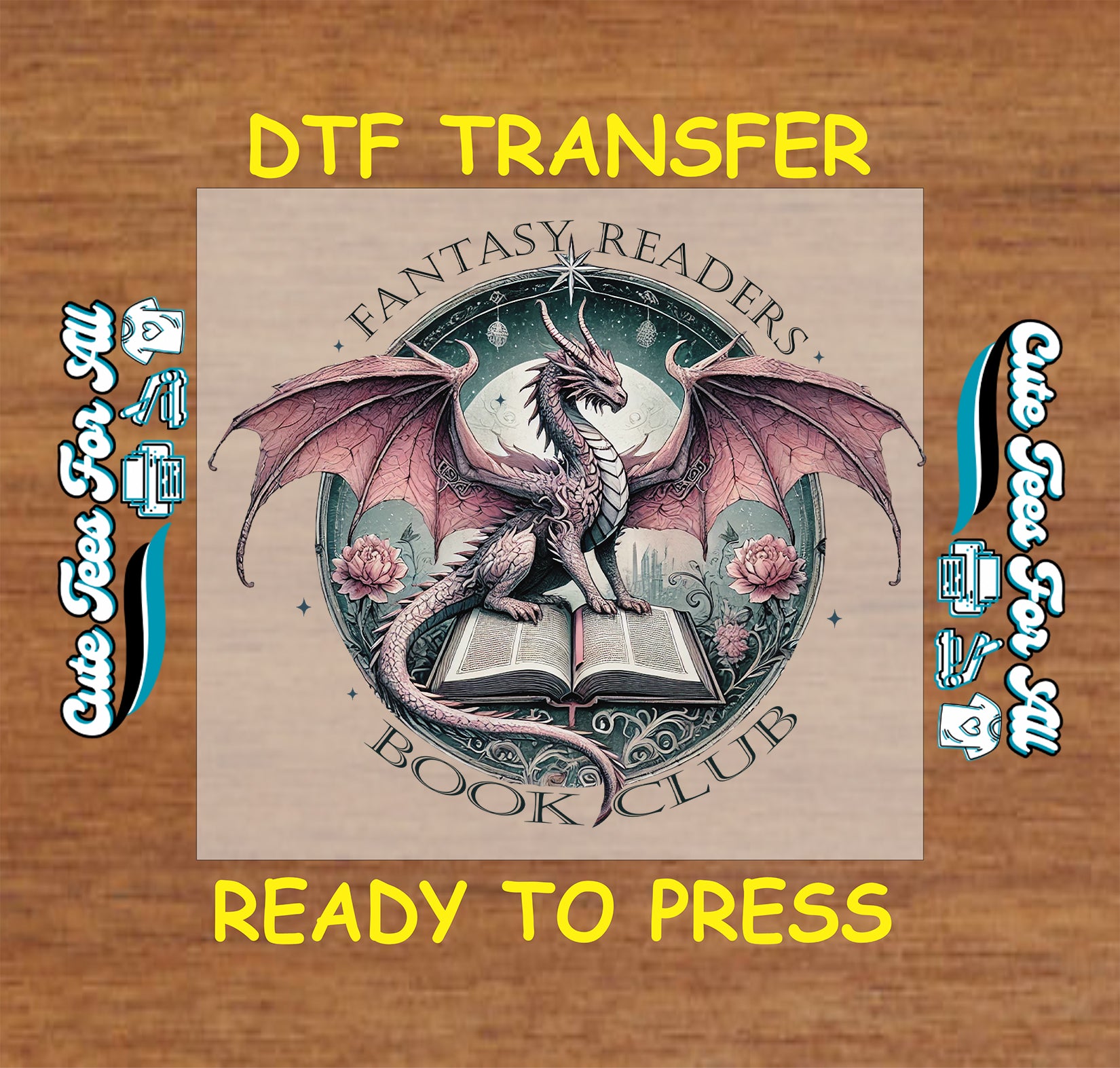 Fantasy dragon sitting on an open book with stars and roses, text “Fantasy Readers Book Club”