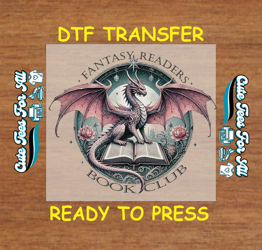 Fantasy dragon sitting on an open book with stars and roses, text “Fantasy Readers Book Club”