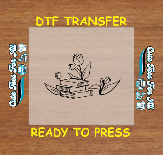 Stacked books with blooming tulip flowers in minimalist black line art.