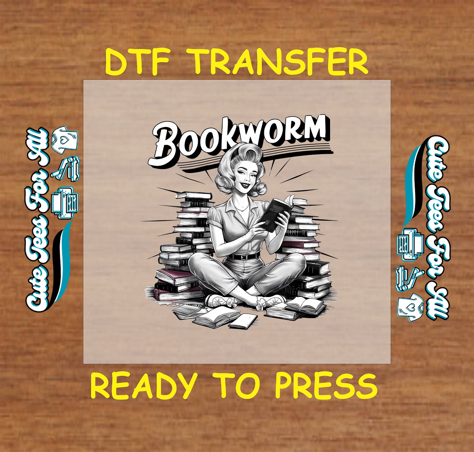 Retro woman reading surrounded by book stacks with “Bookworm” text.