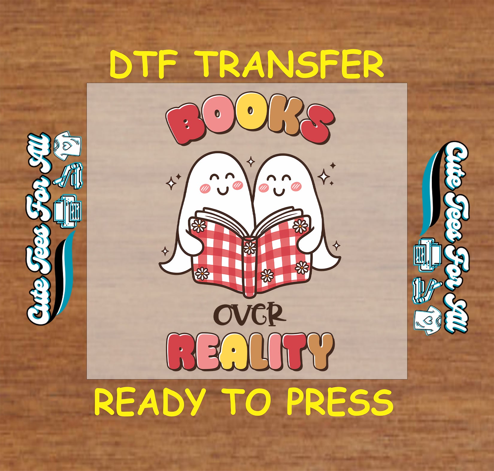 Two cartoon ghosts reading a red checkered book with “Books Over Reality” text in pastel colors.