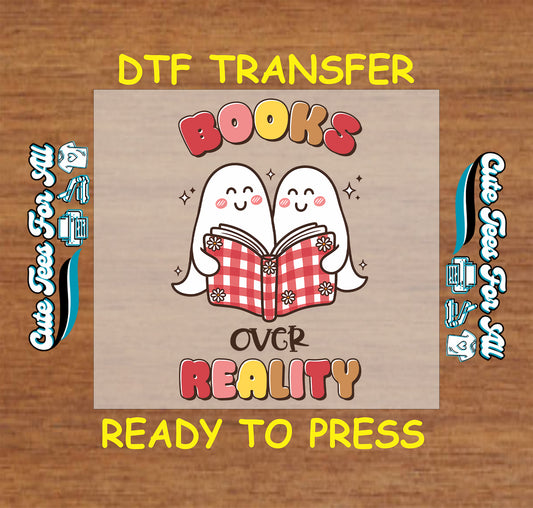Two cartoon ghosts reading a red checkered book with “Books Over Reality” text in pastel colors.