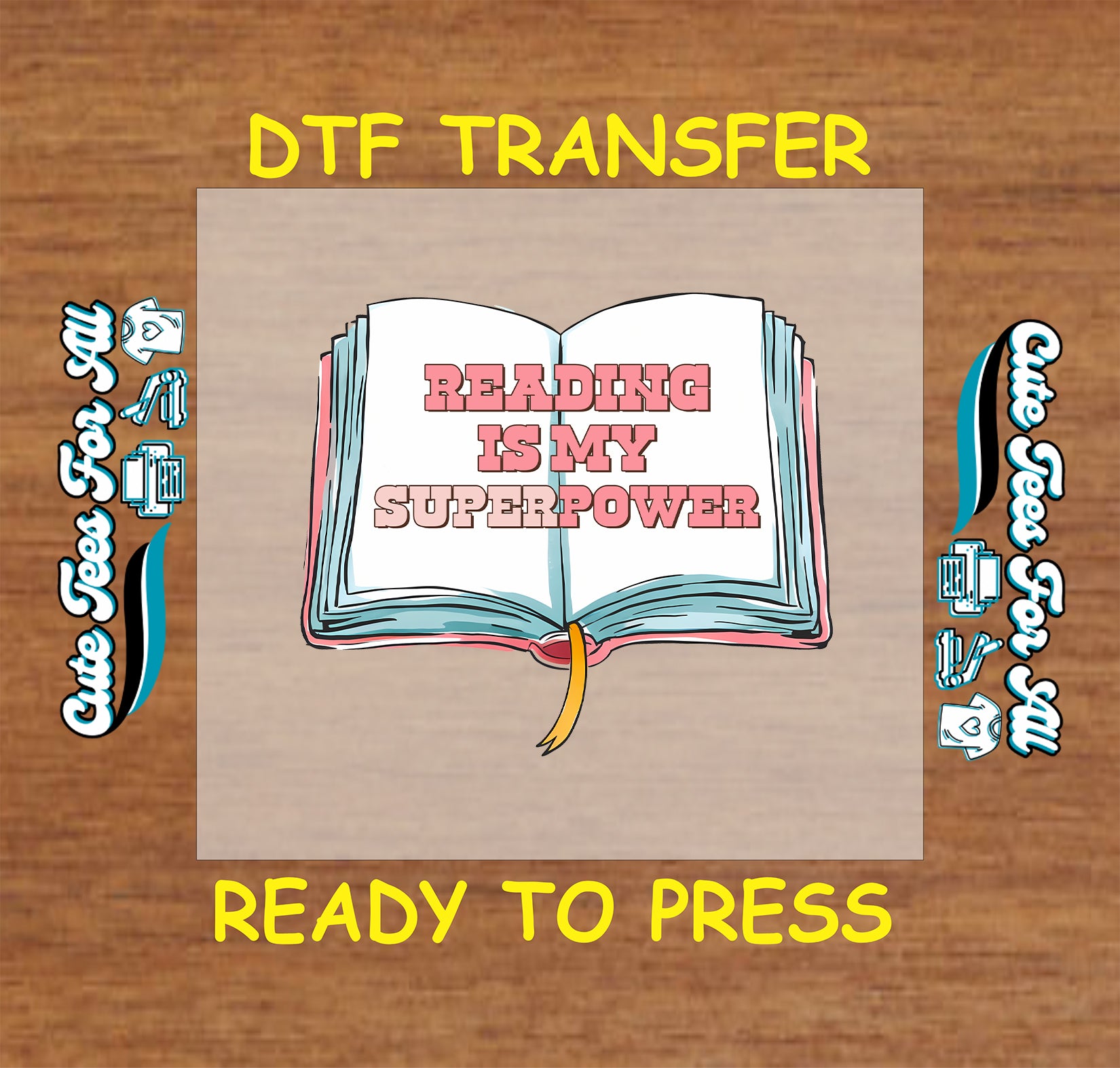 Open book with the phrase “Reading Is My Superpower” in pink letters.