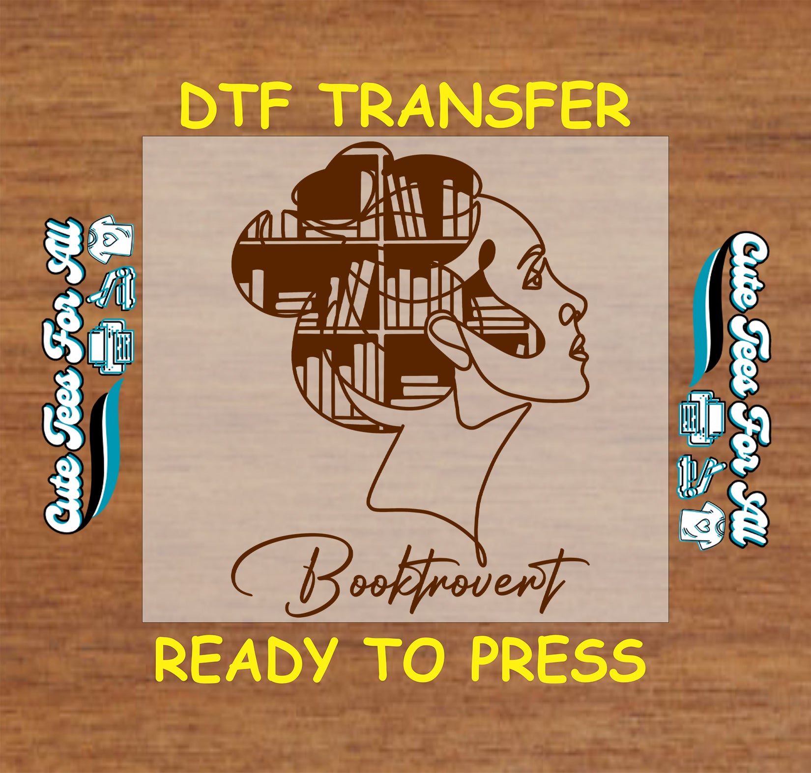 DTF transfer featuring woman’s silhouette with bookshelf hair and the word “Booktrovert”