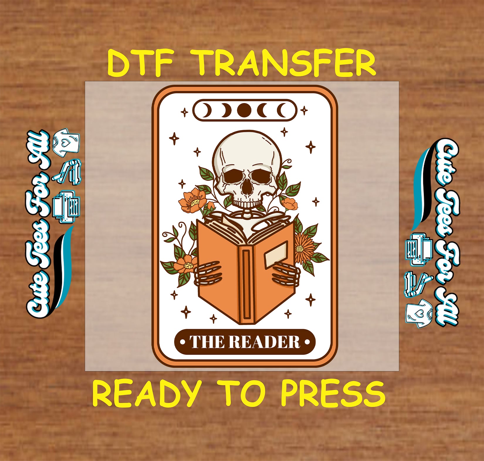 DTF transfer of a tarot-style skull holding a book with floral details and “The Reader” label.