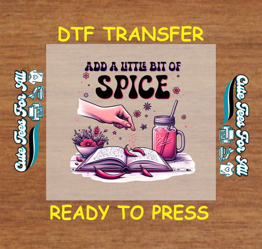 DTF transfer of open book with chili peppers, hand sprinkling spice, floral mug, and mason jar.