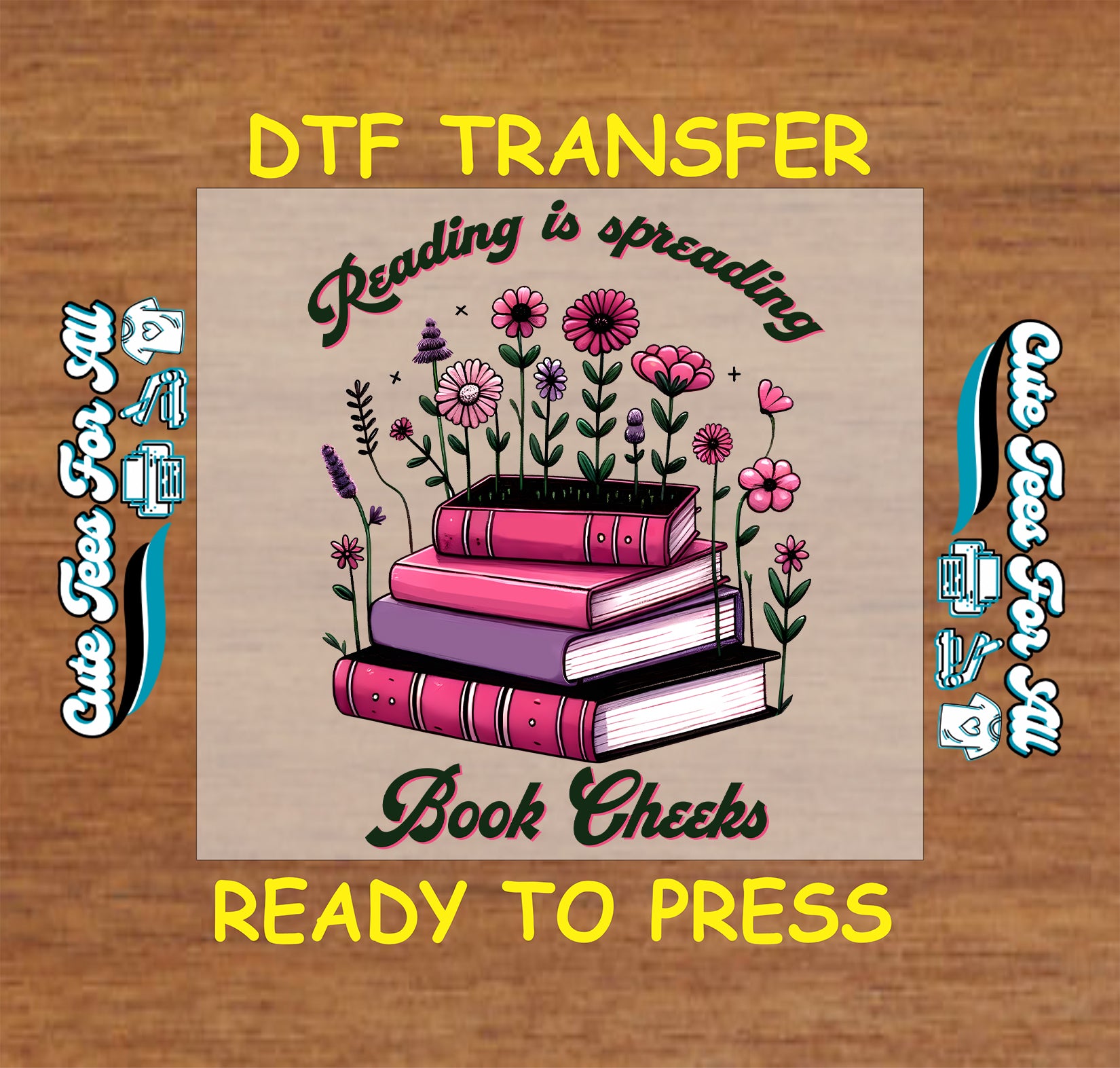 Stack of pink books with flowers and text about book cheeks.