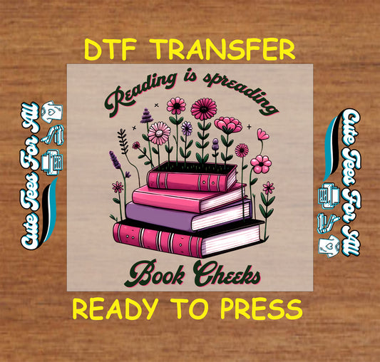 Stack of pink books with flowers and text about book cheeks.