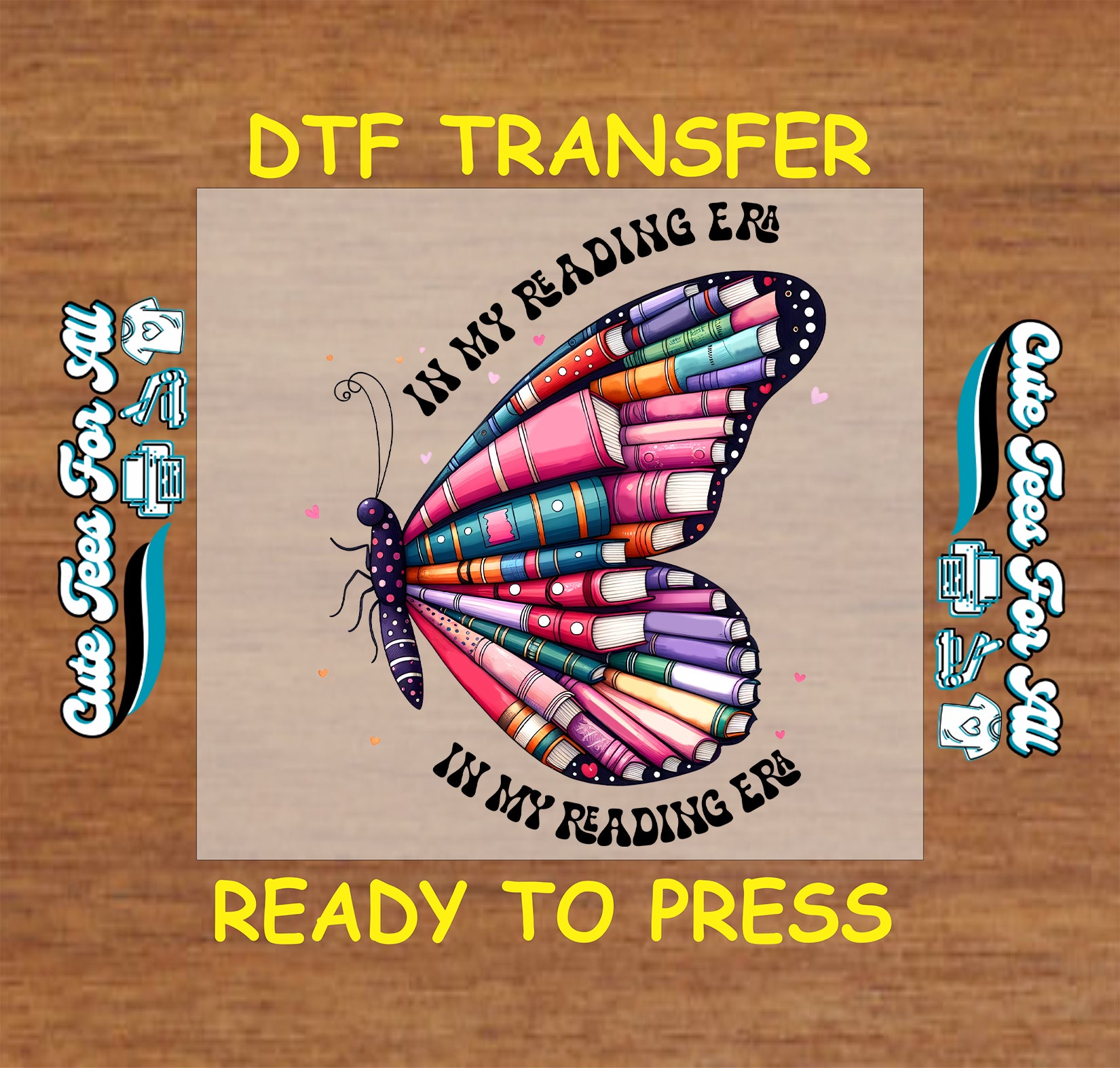Butterfly with colorful book wings and the phrase in my reading era.