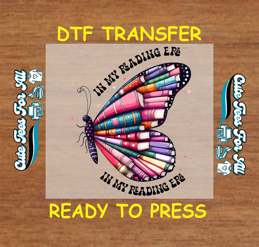Butterfly with colorful book wings and the phrase in my reading era.