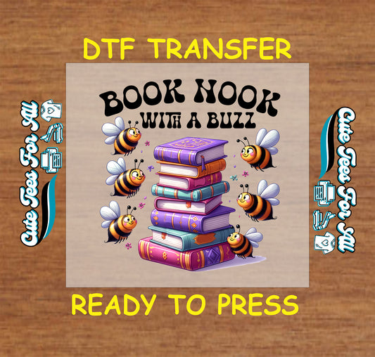 Stacked books with flying bees and the phrase book nook with a buzz.