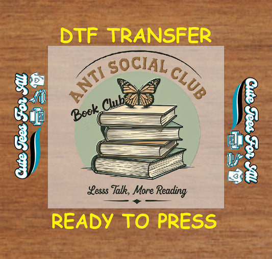 Vintage-style book stack with butterfly and text “Anti Social Club Book Club”