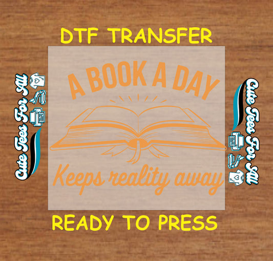 Orange open book with “A Book a Day Keeps Reality Away” phrase.