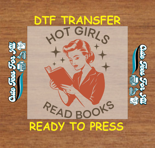 Retro-style woman reading with “Hot Girls Read Books” quote in brown tones.