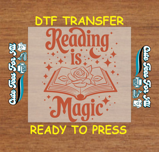 Reading is Magic DTF transfer with rose in book and stars.