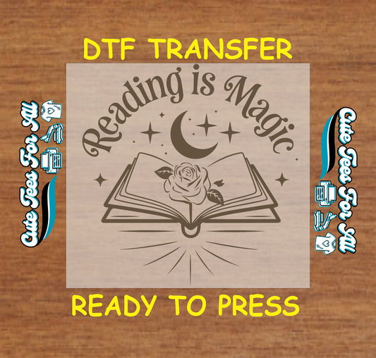 Reading is Magic DTF transfer with moon, rose, and stars.