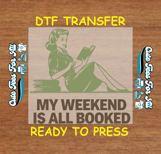 Green retro woman reading with “My Weekend is All Booked” quote.