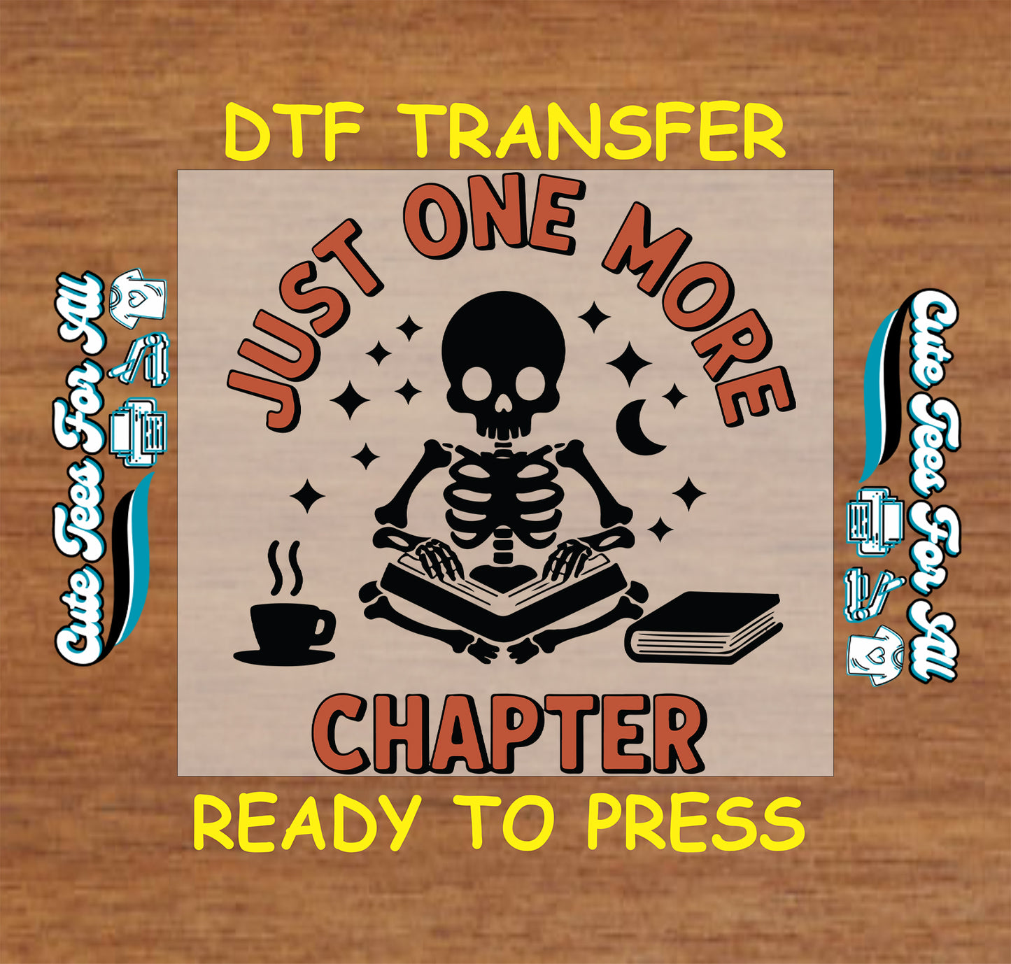 Skeleton reading with “Just One More Chapter” quote and stars.